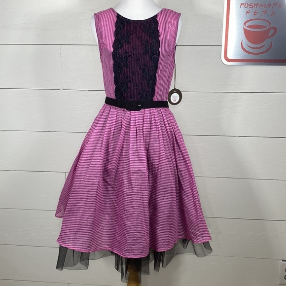 Eva Franco Dresses & Skirts - Eva Franco Renee sleeveless,flare dress, cotton candy/black stripe, belt, pin up